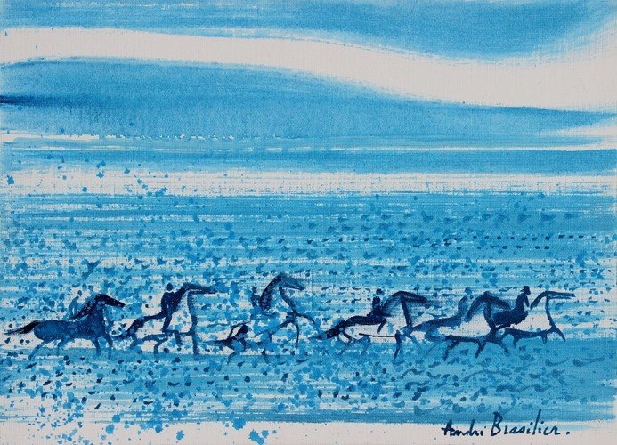 André BRASILIER (1929) La chevauchée - 1982 Huile sur: André BRASILIER (1929) La chevauchée - 1982 Huile sur carton toilé. Signé en bas à droite. Signé, daté, situé et dédicacé au dos. 24 x 33 cm