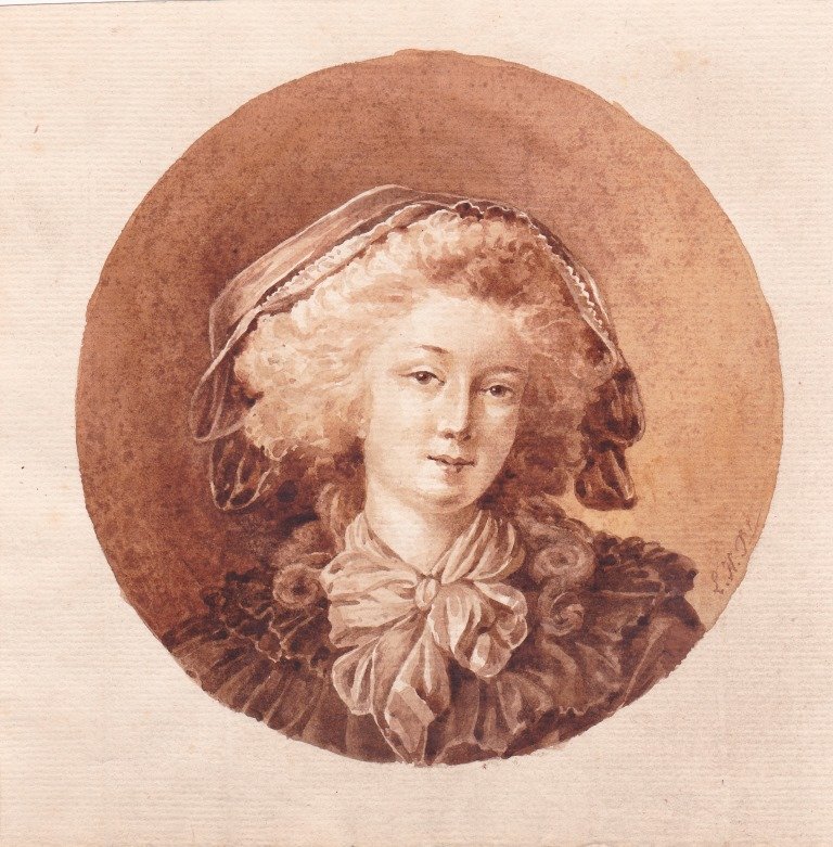 Hortense HAUDEBOURT-LESCOT (1784-1845) Madame de: Hortense HAUDEBOURT-LESCOT (1784-1845) Madame de Norenval, lectrice de Marie-Antoinette Lavis sur papier vergé Signé L. H. P.t pour Lescot Hortense Pinxit Titré au crayon au dos Trace de filigrane