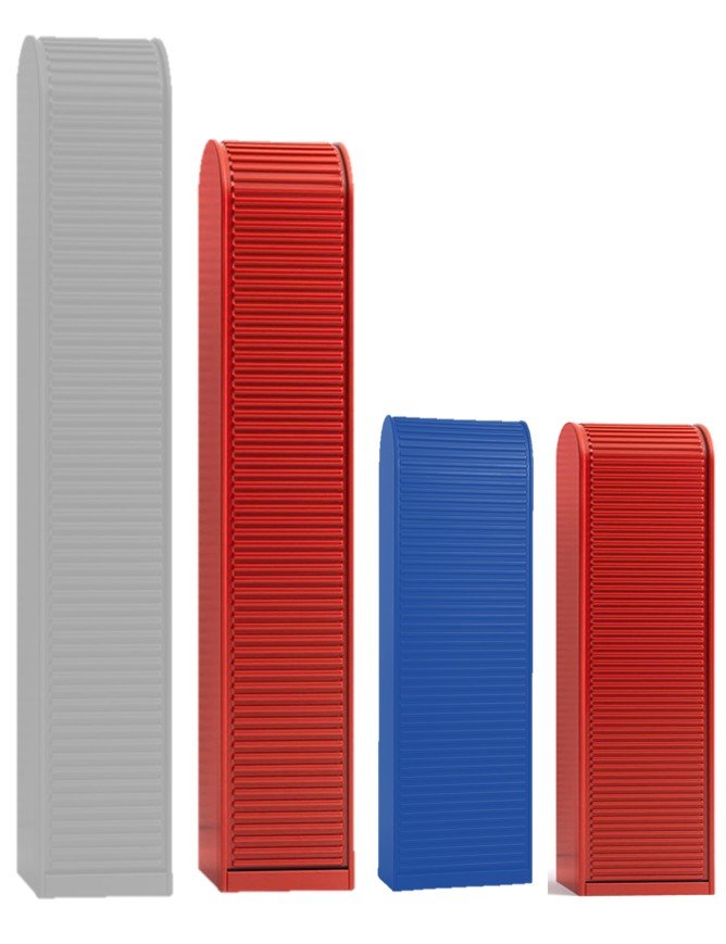 Aldo Van Den NIEUWELAAR (né en 1944): Aldo Van Den NIEUWELAAR (né en 1944)Ensemble de cinq meubles de rangement de bureau modèle « A’dammer », édition Pastoe.Dimensions variables.Accident sur le volet du grand meuble formant secré