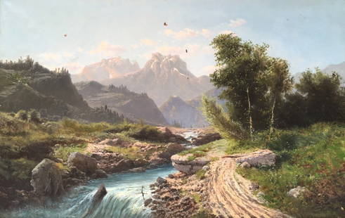 Alfred GODCHAUX (1835-1895) Paysage de montagnes Huile: Alfred GODCHAUX (1835-1895)Paysage de montagnesHuile sur toile. Signé en bas à gauche.73,5 x 117 cm (Restaurations et accidents)