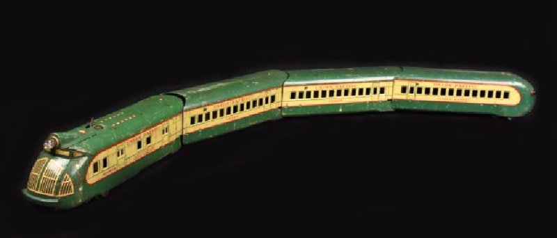 1930's Marx M-10000 Union Pacific Train W/ Cars: 1930's Marx M-10000 Union Pacific tin litho train w/ (2) Coach cars and (1) Coach Buffet. Contact our recommended 3rd party "for profit" shipper Pak Mail at (260) 637-4809 or contact@pakmailshipsfortw