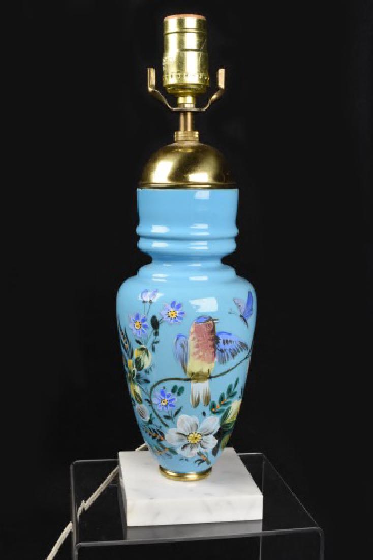 Blue Hand Painted Elec. Table Lamp bird & flowers: Hand painted electric lamp, bird, butterfly, flowers, 15" H. Marble base. Contact our recommended 3rd party "for profit" shipper Pak Mail at (260) 637-4809 or contact@pakmailshipsfortwayne.com for shi