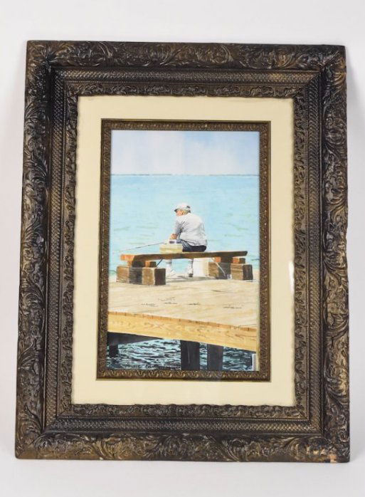 Watercolor "Man fishing on edge of pier" sll, 1995 (1 of 6)