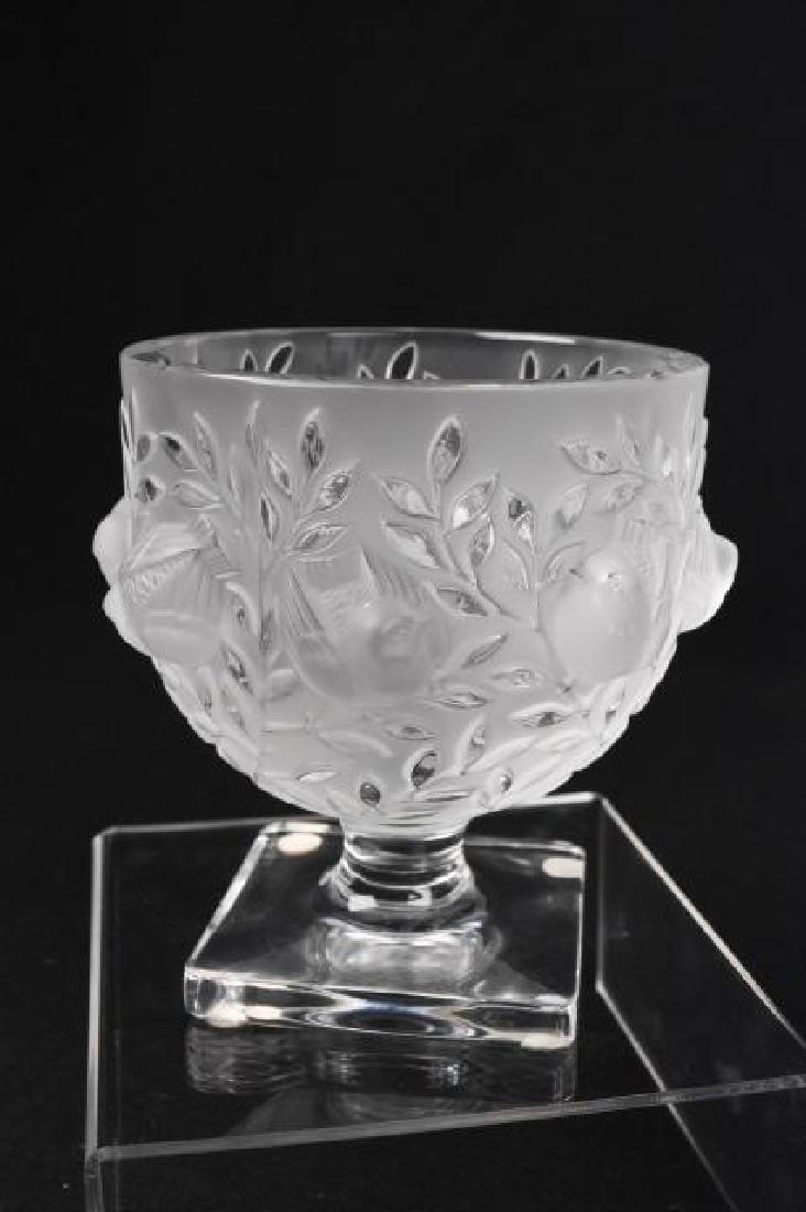 Lalique Crystal Elisabeth Pedestal Bowl: Lalique Elisabeth Pedestal Bowl with lifted foliage and birds around the body in clear and frosted crystal; signed Lalique, France. Measures 5 1/4" x 4 1/2". This bowl is in perfect condition. Contact