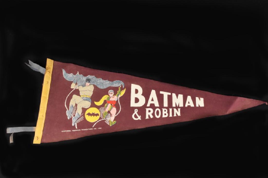1966 Batman and Robin Pennant: Rare Batman and Robin National Periodical Felt Pennant, 1966. Measures 11 1/4" x 29" and has some minor stainage on the trim most likely caused by thumb tacks. Contact our recommended 3rd party "for p