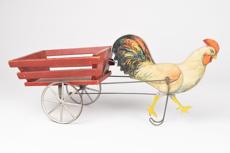 1928 Gibbs Wood Lithograph Rooster Cart  pull toy- RARE (1 of 10)