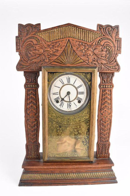 Wood Carved Gingerbread Ingraham Mantle Clock (1 of 4)
