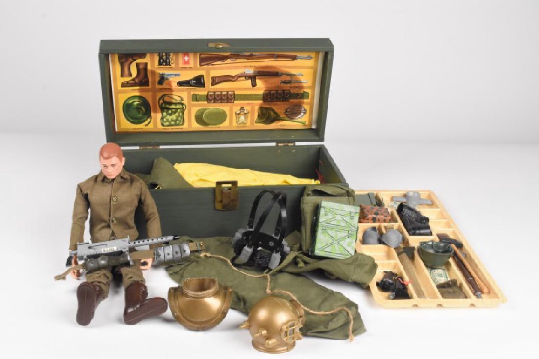 1964 GI Joe With Foot Locker & Accessories: 1964 GI Joe Action Figure with Foot Locker, Tray and gear. GI Joe himself is in great condition and still has range of motion. He did not come in the original box but he did come with his foot locker.