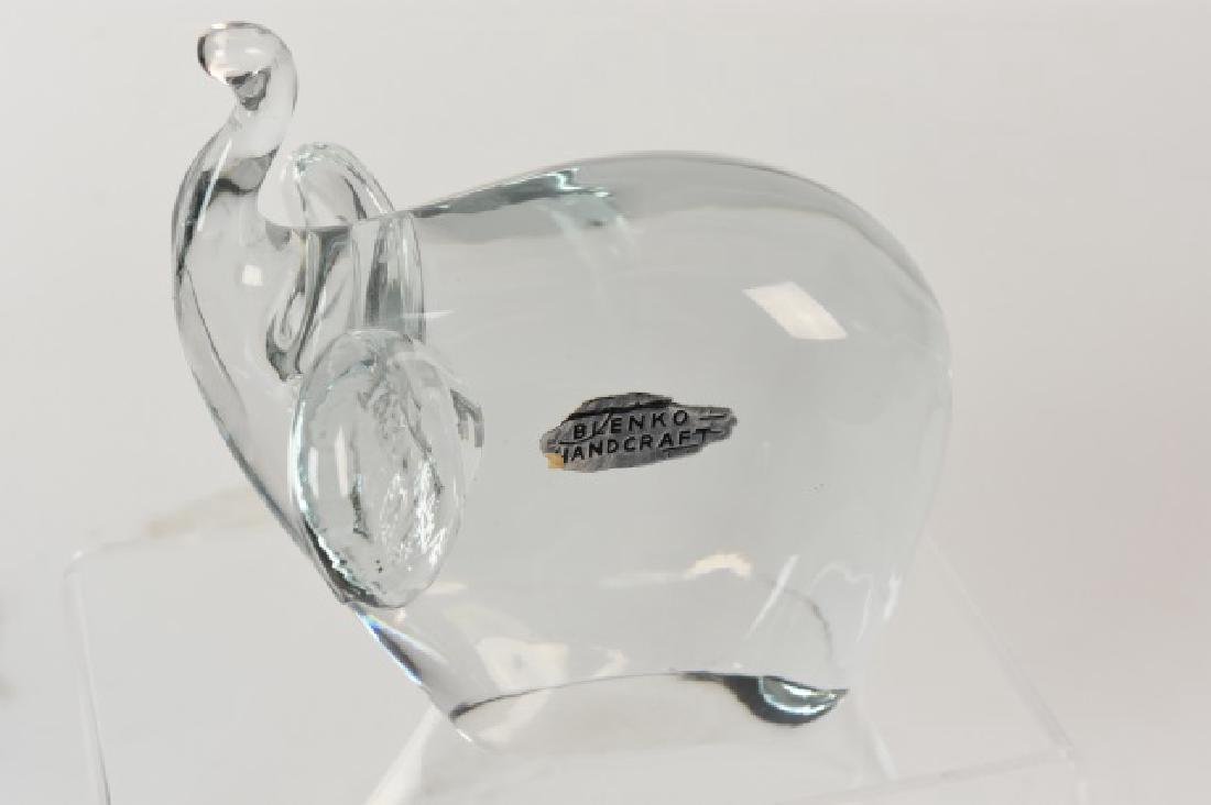 Blenko Handcrafted Elephant Art Glass: Blenko handcrafted elephant art glass, original Blenko sticker label, 5" x 5". Contact our recommended 3rd party "for profit" shipper Pak Mail at (260) 637-4809 or contact@pakmailshipsfortwayne.com fo