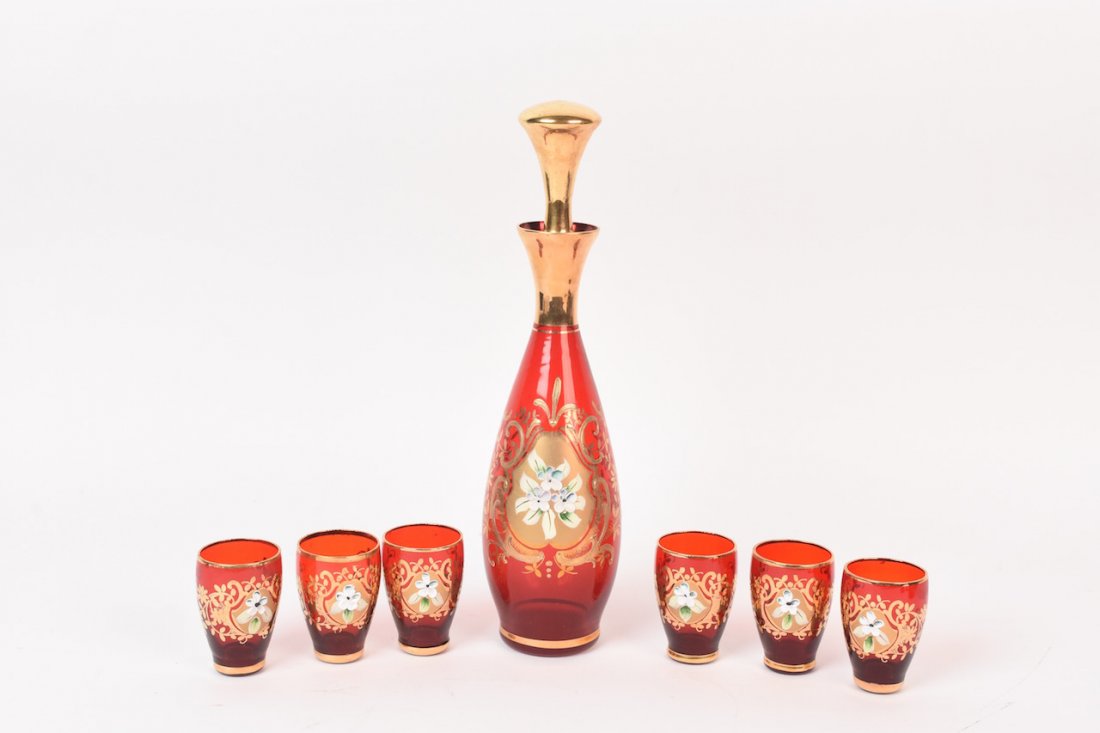 Bohemian Enameled Decanter with 6 Cordials (1 of 4)