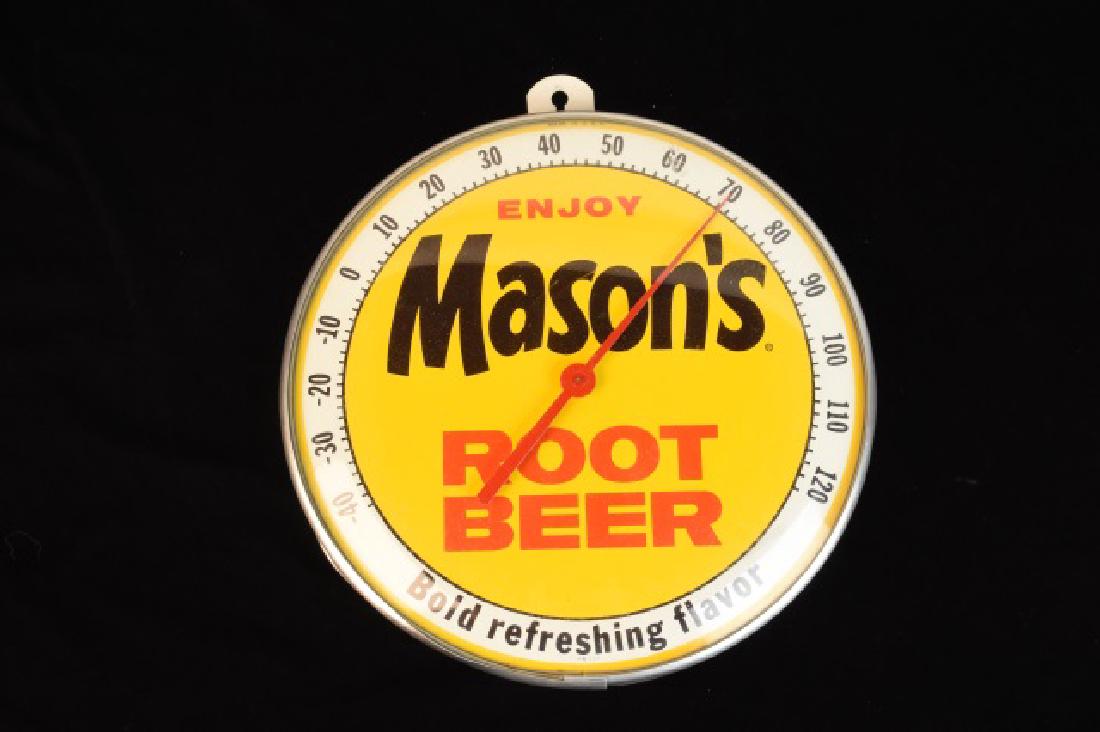 Mason's Root Beer Thermometer Advertisement: Mason's Root Beer Thermometer Advertisement in red, yellow, brown and white. It does have a clear plastic dome cover and measures 12 1/4" in diameter. It does have a couple of dents in the metal rim t