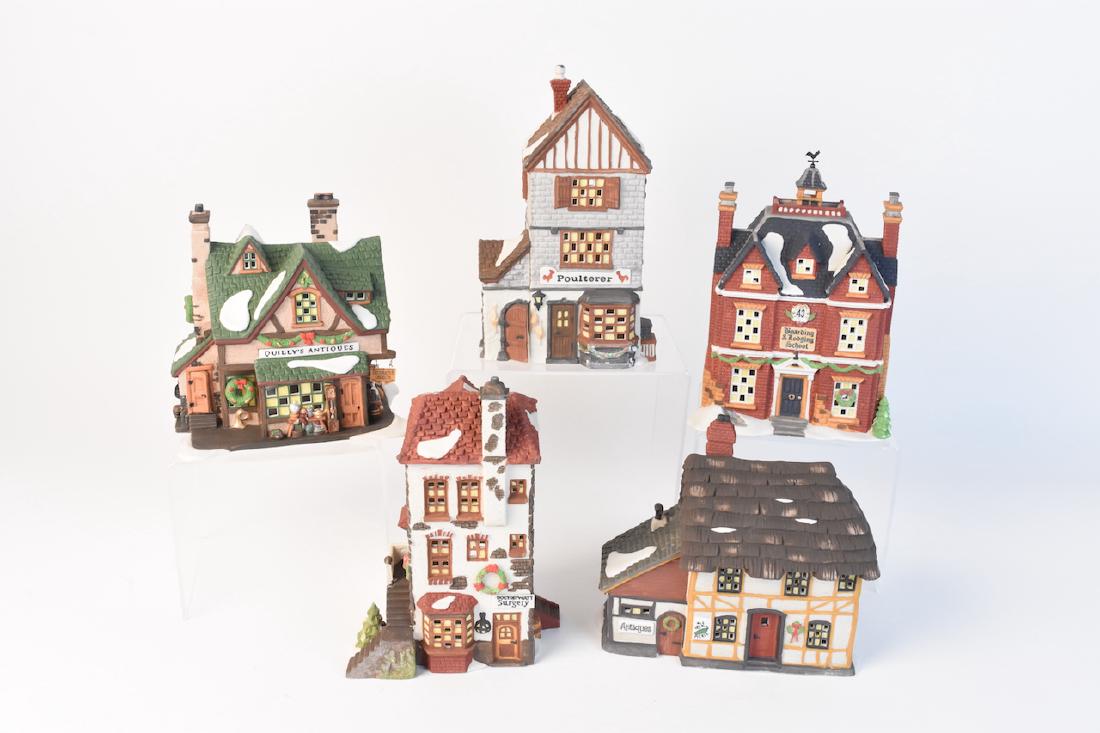 (4) Dickens' Village Christmas Series by Dept. 56: (4) Department 56 Dickens' Village Hand Painted Porcelain Christmas Series including "Mr. & Mrs. Pickle", "Poulterer", "Boarding & Lodging School" and " C.H. Watt Physician". Each piece comes in the o