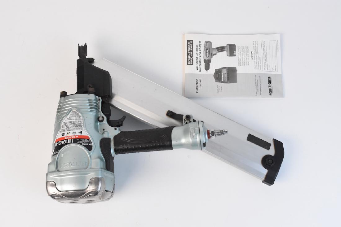Hitachi NR 90AD 3 1/2" Strip Air Nailer: Hitachi NR 90AD 3 1/2" Strip Pneumatic Nailer. Takes air pressured 70-120 psi with nail length and diameter 2" x .133" - 3 1/2" x .148". This nail gun appears to be in good condition however it has no