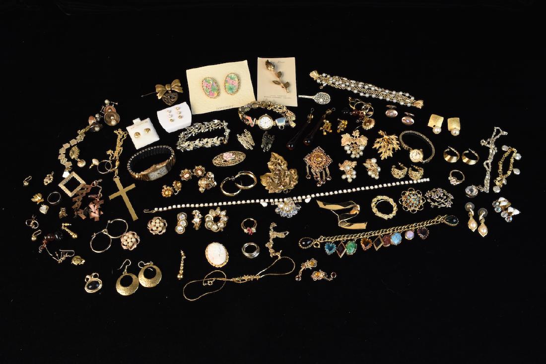 Costume Jewelry; Monet, Sorrento, Bulova, Judy Lee +: This Assortment is for those who like gold tones and fun jewelry. Included are earrings, bracelets, pins, broahces, a Bulova and Hel Bros watch, nechlaces, and rings from many popular designers. All p