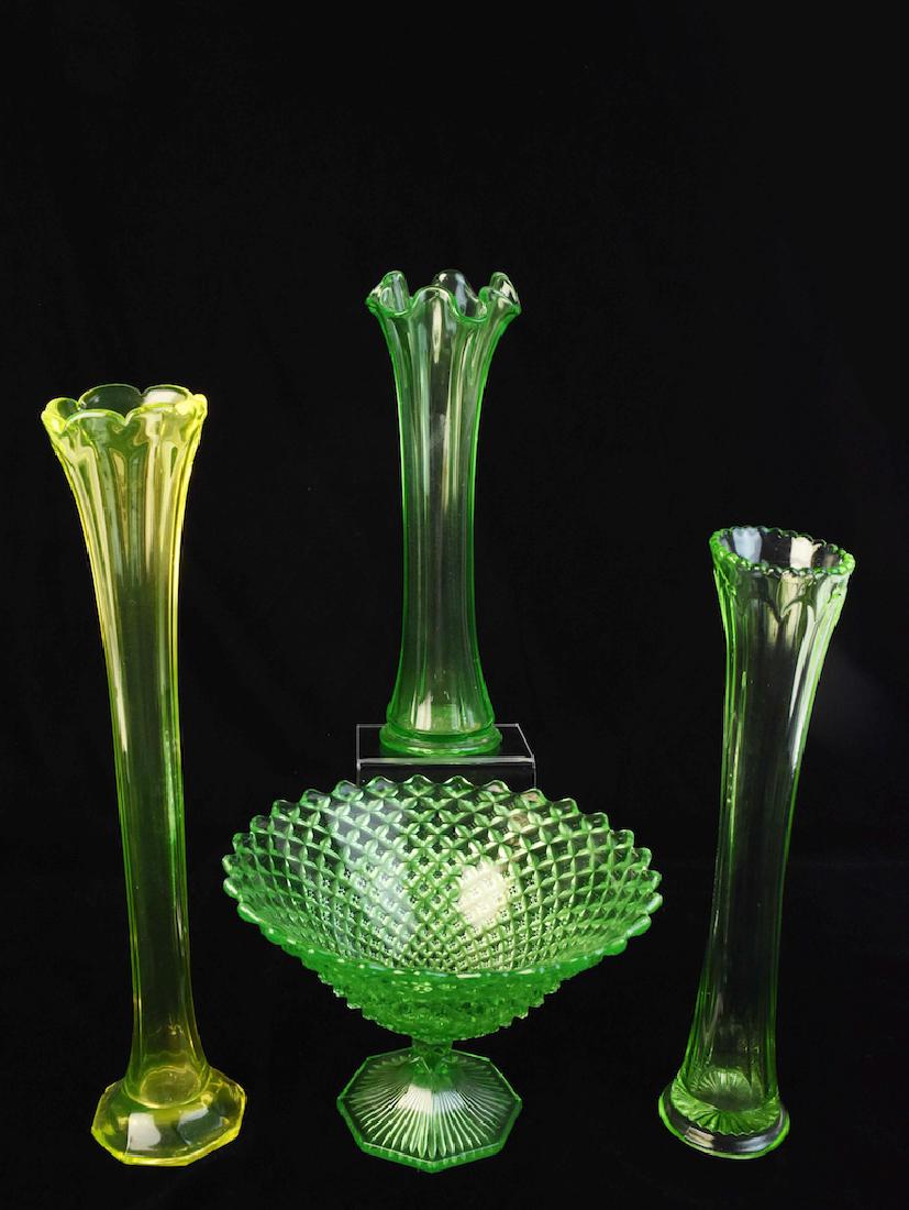 (3) Uranium Glass Vases & (1) Pedestal Dish (1 of 3)