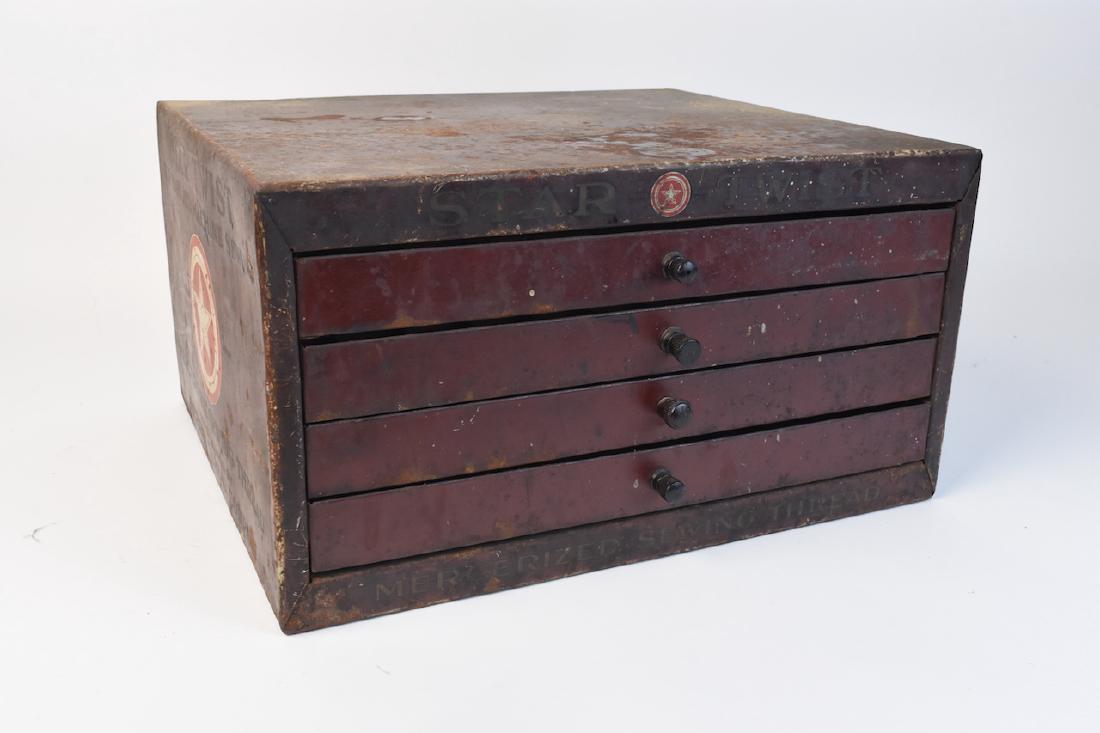 Star Twist Metal Spool Chest: From the American Thread Company This Metal Spool Chest has (4) drawers with pulls and dividers. It reads Star Twist Mercerized Sewing Thread. It has some dents and dings and some oxidation but all th