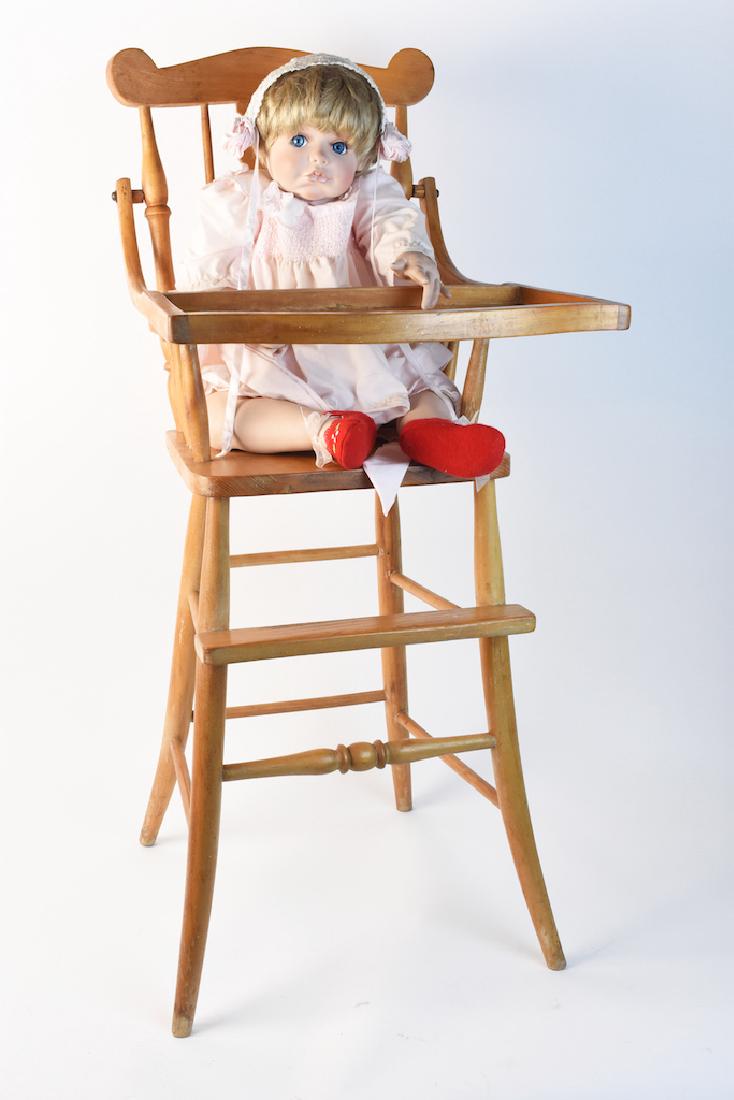 Vintage Wood Child's High Chair & Porcelain Doll