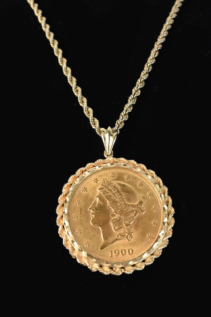 1900 $20 Dollar Gold Coin in 14K Bezel 