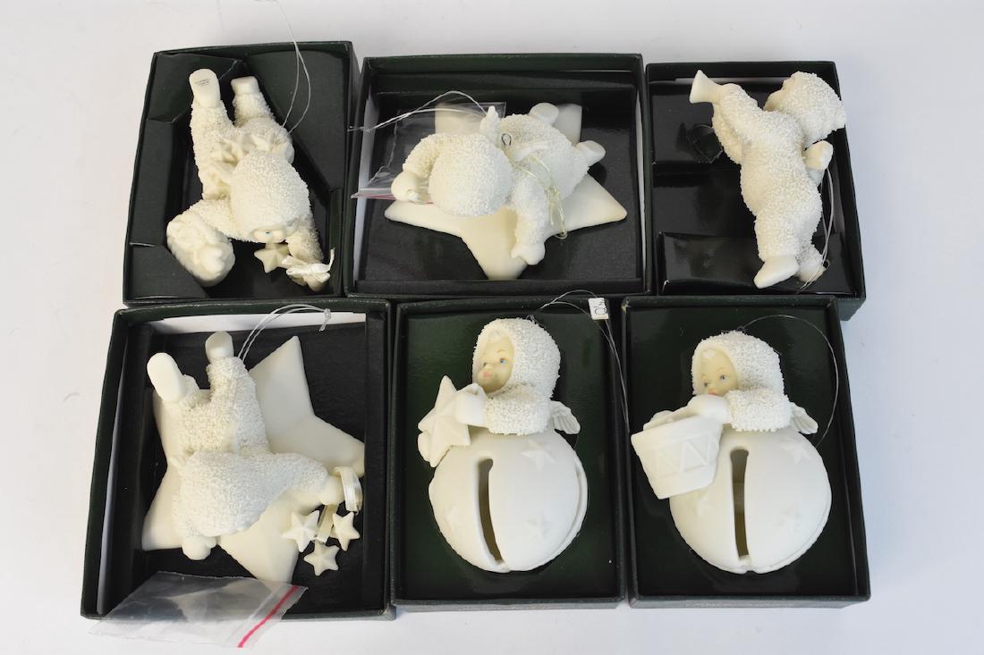(6) Dept. 56 Snowbaby Christmas Ornaments: Winter Snowbaby ornaments include 6830-06 Starry Night, 7988-0 Noel, 6855-1 Gathering Stars In The Sky, 6848-9 Sprinkling Stars In The Sky, 6859-4 Little Drummer Jingle Baby and 6858-6 First Star Jing