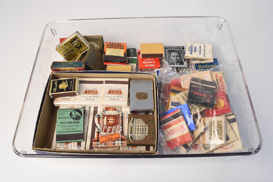 Assorted Matches + (1) John Deere Zippo: This matchbook assortment includes Wissel's in Huntington, Hotel LaFountain Huntington Indiana, Shutt's Farm Market Huntington Indiana, Sherwyn Hotel Pennsylvania, Lucky Draft Beer, Indiana University