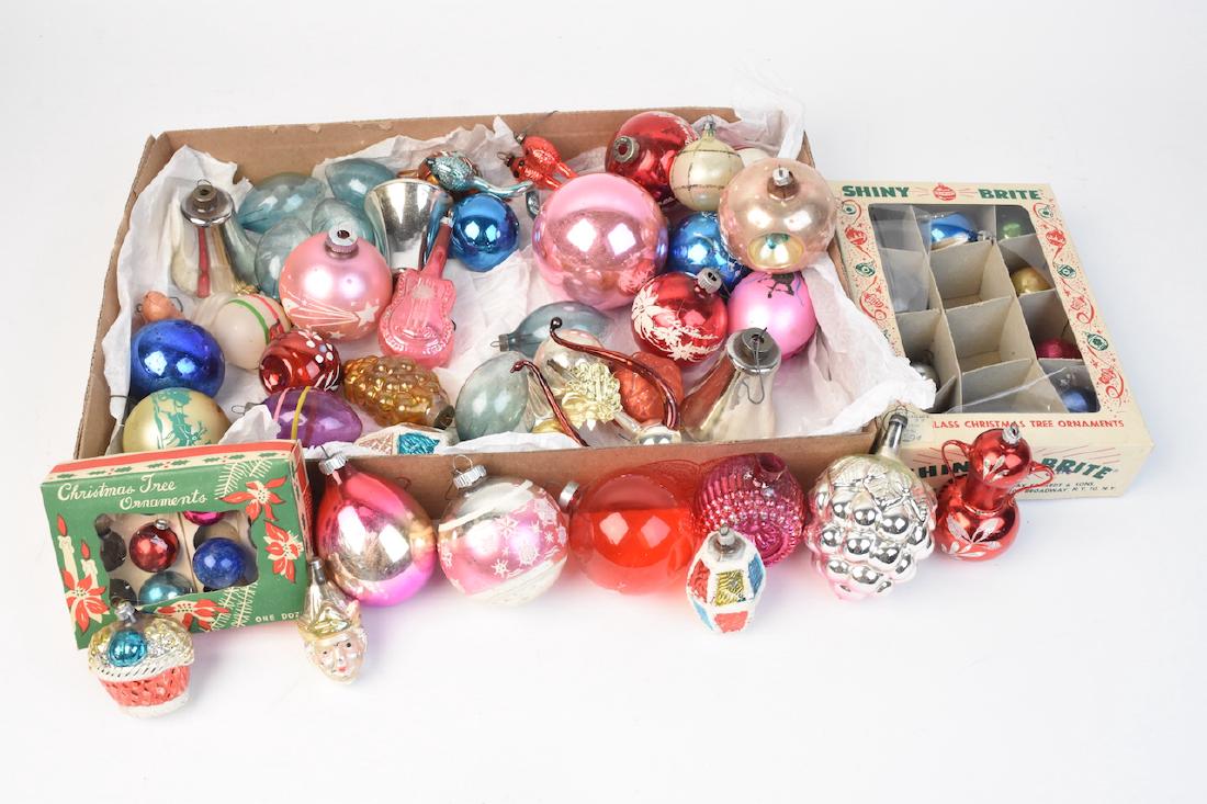 Vintage/Antique Christmas Tree Ornaments: Large Assortment of Vintage and Antique Christmas Tree Ornaments. Several are blown glass. Conditions may vary as these ornaments are old and fragile. Contact our recommended 3rd party "for profit" sh