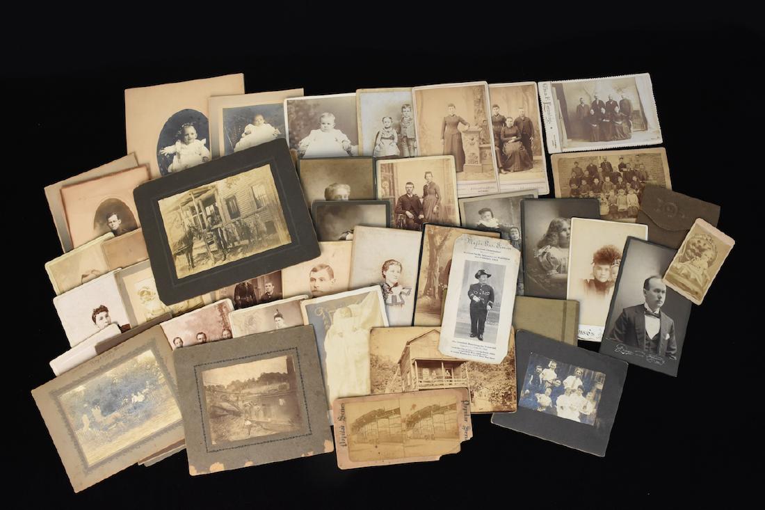 Antique Cabinet Cards & Yard Long Photo's: 50+ antique cabinet cards taken of people in the late 1800's to early 1900's in black and shite or sepia. These cabinet cards are in relatively good condition considering the age. Some do have some im