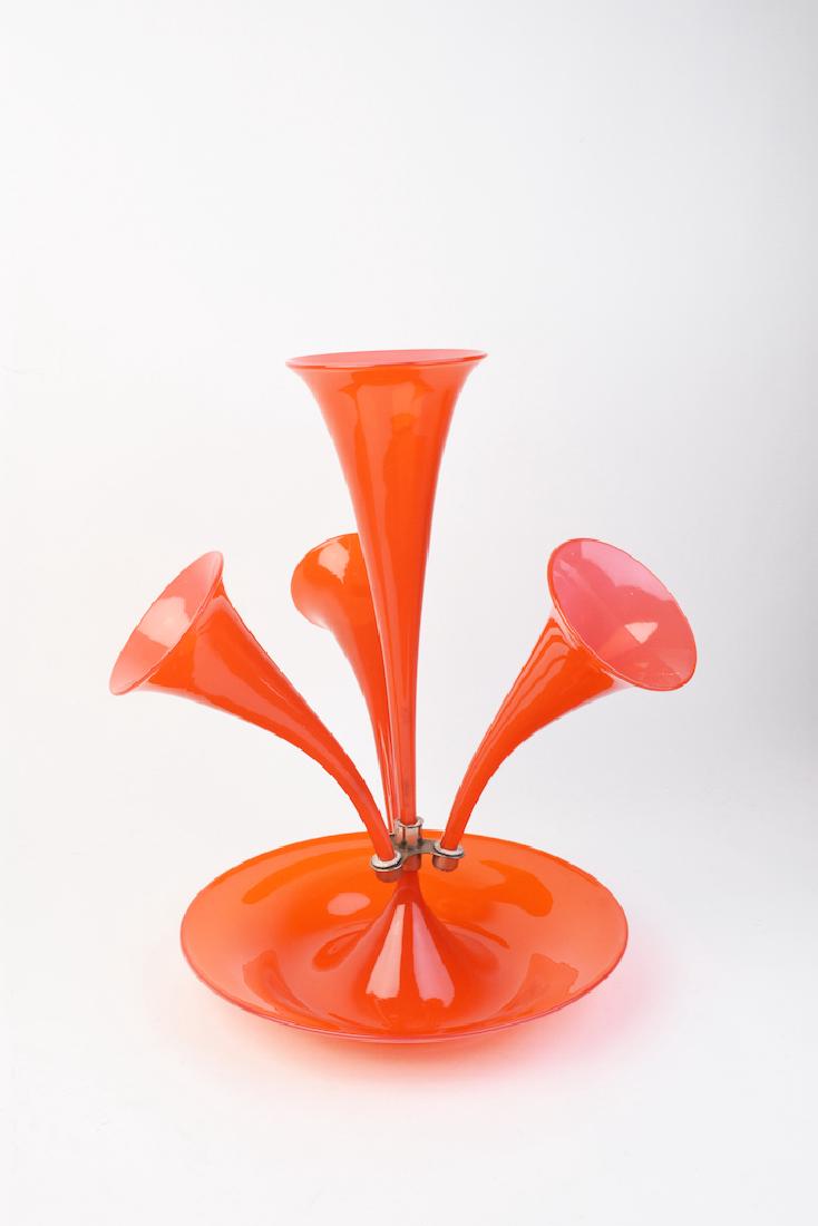Vintage 4 Branch Orange Glass Epergne: Vintage 4 Branch Orange Glass Epergne Centerpiece. Very unusual and fun. It stands 16" tall and is in very good condition. Contact our recommended 3rd party "for profit" shipper Pak Mail at (260) 637-