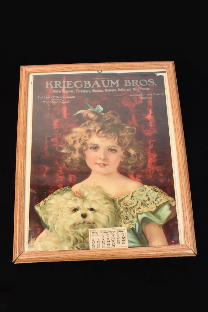 1906 Kriegbaum Bros. Calendar Huntington & Warren: Neat 1906 calendar advertising for Kriegbaum Bros. Huntington and Warren, IN, advertising for Huber Engines, Thrashers, Binders, Mowers, Drills and Wind Pumps, Full Line of Deere Goods, Wood and Coal.