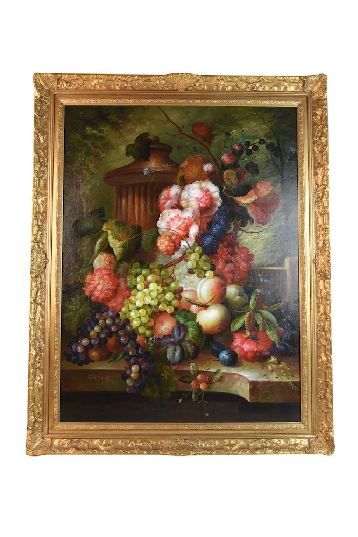 Still Life Oil on Canvas Signed Clement: Flawless Oil On Canvas signed by artist Clement. This still life of flowers and fruit is absolutely perfect and brilliant from every drop of dew to the detail in each raspberry. Clement is said to hav
