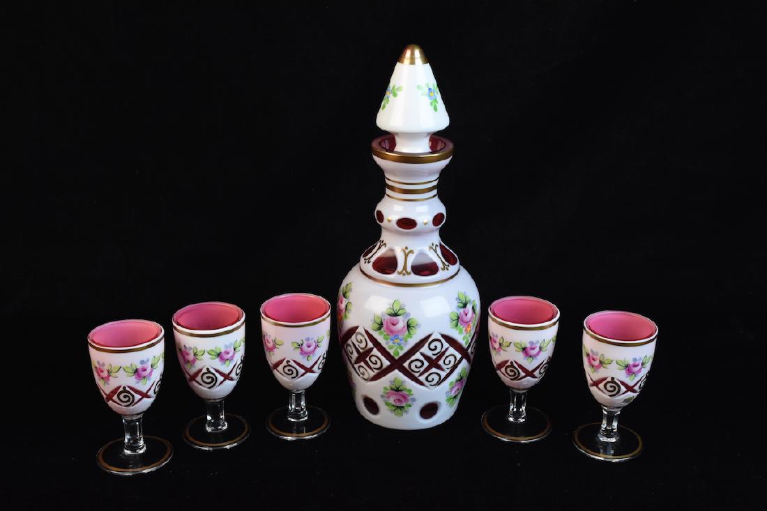 6 pc Bohemian Cranberry White Cased Cordial Set (1 of 5)
