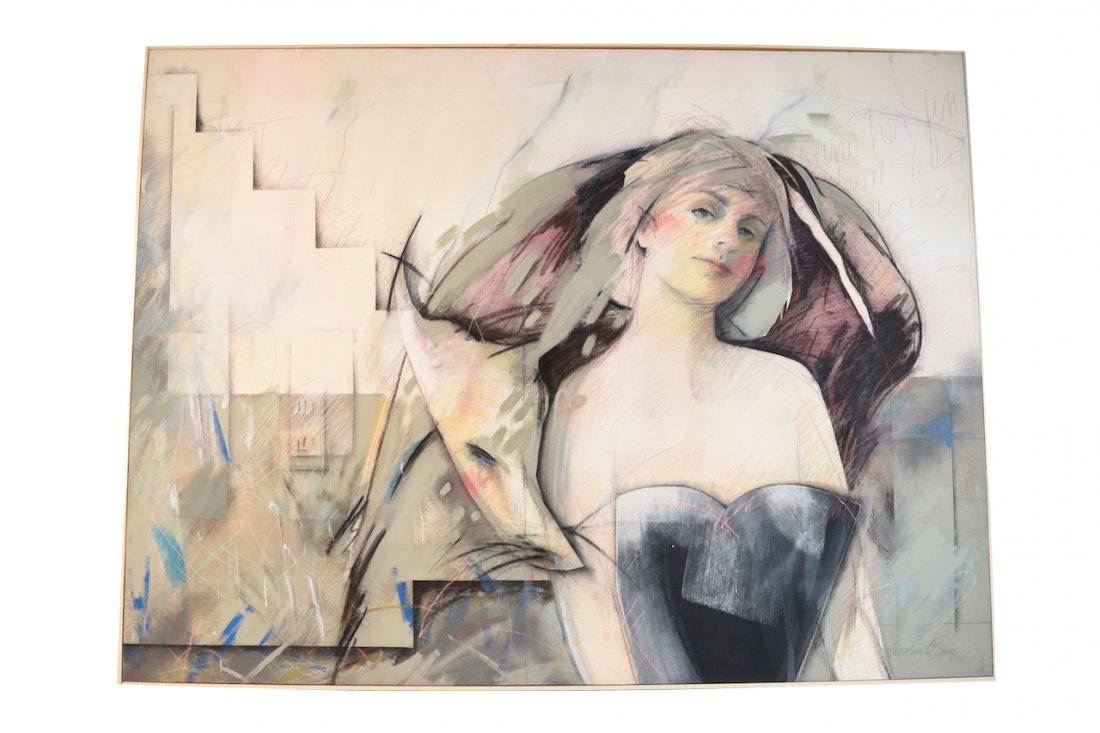 AnnMarie LeBlanc Mixed Medium on Canvas: AnnMarie LeBlanc Mixed Medium on Canvas titled Self Emerging II. This fascinating artwork features a young woman with a wolf wrapped around her shoulders and geometric patterns in the background. This