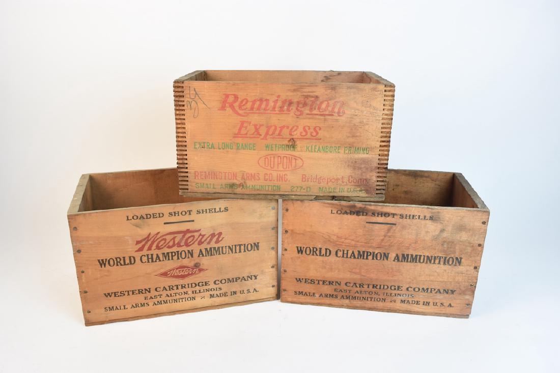 (2) Western Xpert & Remington Express Ammo Crates: Remington Express small ammunition crate, Dupont, by Remington Arms Co. Inc., Bridgeport Conn. We also have two Western Xpert, World Champion ammunition, 12 GA. ammo crates. Crates came from the local