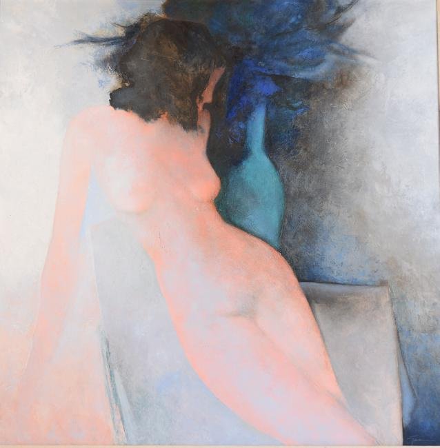 Original Oil On Canvas by Claude Gaveau: Oil on Canvas by Abstract Figurative Artist Claude Gaveau (French, 1940) Titled Isabelle. This painting illustrates a nude woman in Gaveau's infamous style and contrasting color palette. It is signed