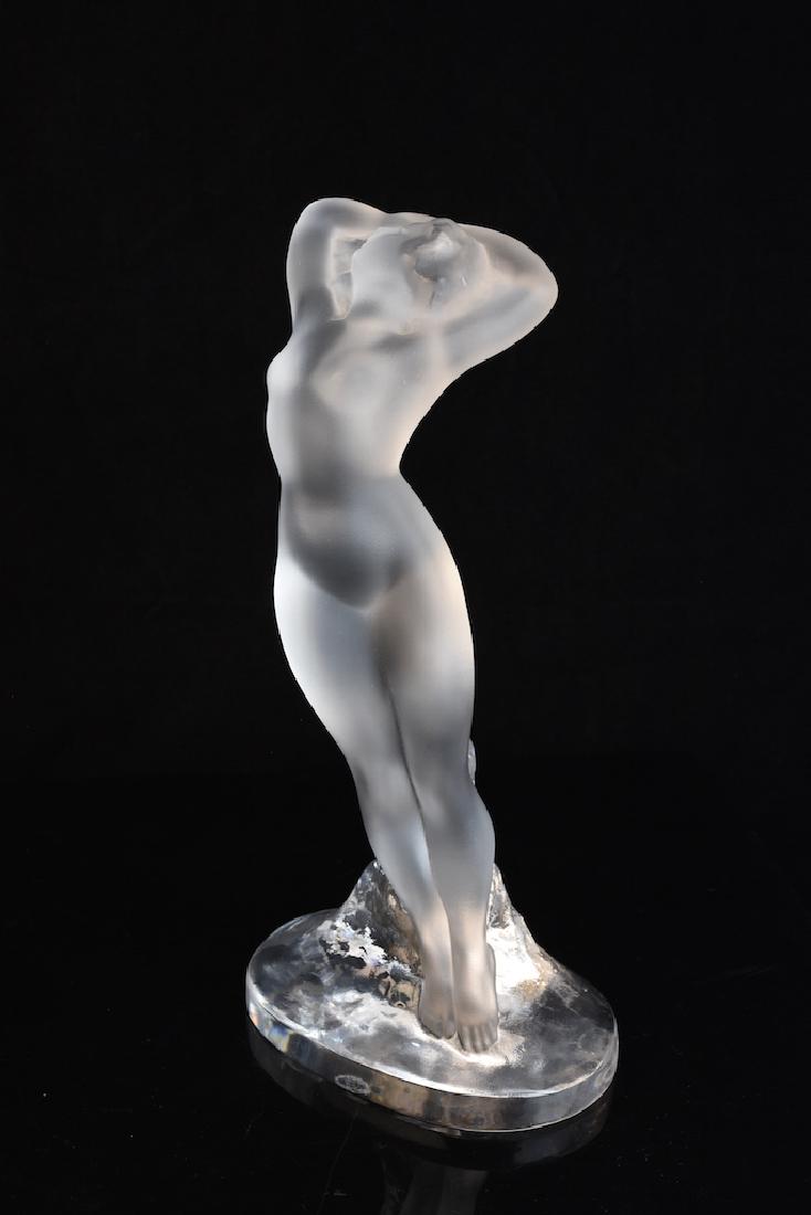 Lalique France Frosted Reclining Nude Lady: Lalique France frosted reclining nude lady on base, 9.5" H x 4.5" base. Free from chips and cracks. Made In France original paper sticker label, signed. Contact our recommended 3rd party "for profit" 