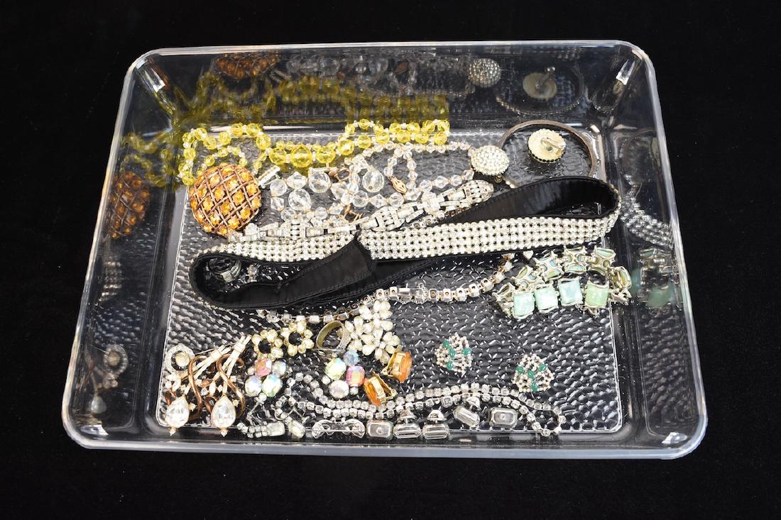 Assorted Costume Jewelry: Cora, Reja, Trifari: Beautiful collection of costume jewelry including Cora bracelet, rhinestone pin made in Austria, Cora clip on earrings, (2) matching Trifari Pins (one is missing a rhinestone), (2) rhinestone necklace