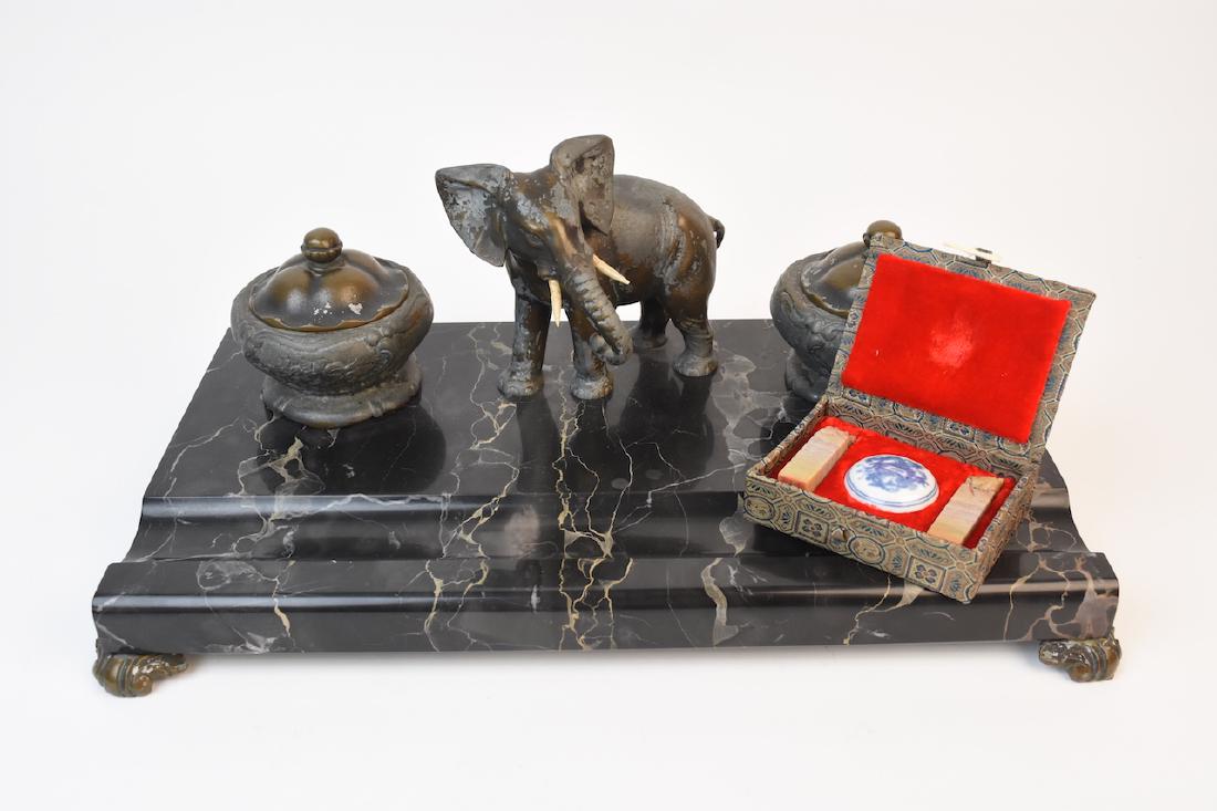 Marble Dual Inkwell w/ Mounted Elephant Figural (1 of 12)