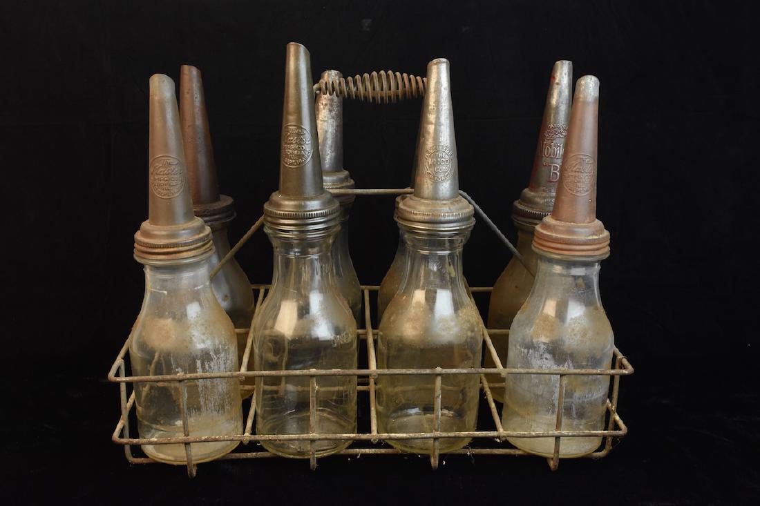 (8) Quart Oil Bottles w/ Funnel Adv. Tops & Carrier (1 of 10)