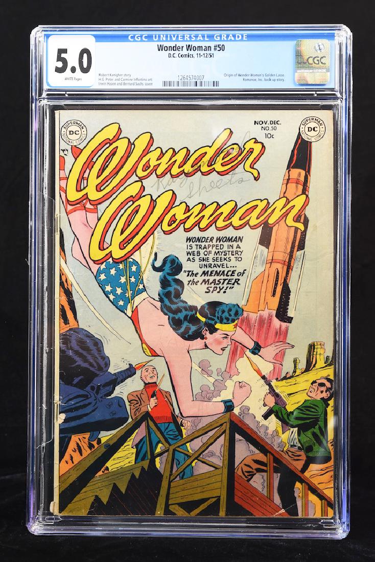 1951 Wonder Woman #50 CGC 5.0: Wonder Woman #50 Volume 1 with CGC grade of 5.0 (white pages) code 1264574007. Robert Kanigher story. H.G. Peter and Carmine Infantino art. Irwin Hasen and Bernard Sachs cover. Origin of Wonder Woman'