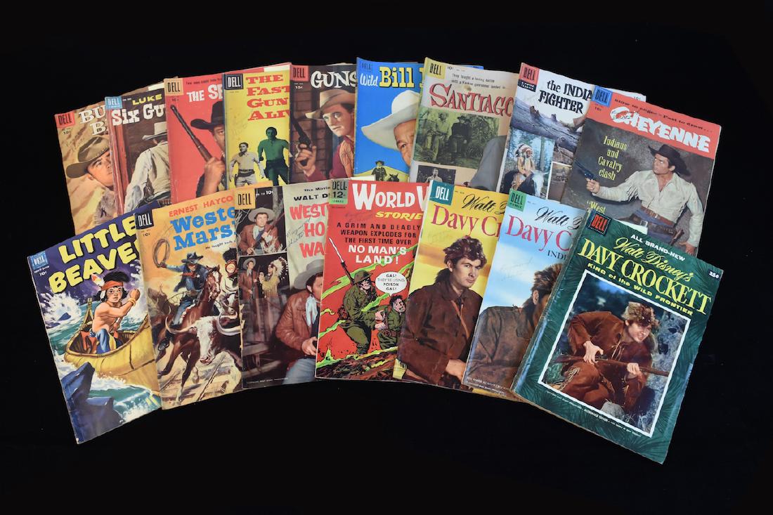 (16) Mixed Title Dell Comic Books: Comic books include: (3) Walt Disney's Davy Crockett # 631 and 639 plus #1. World War Stories # 3, Walt Disney's Westward Ho The Wagons # 738, Ernest Haycox's Western Marshall # 640, Cheyenne # 772, L