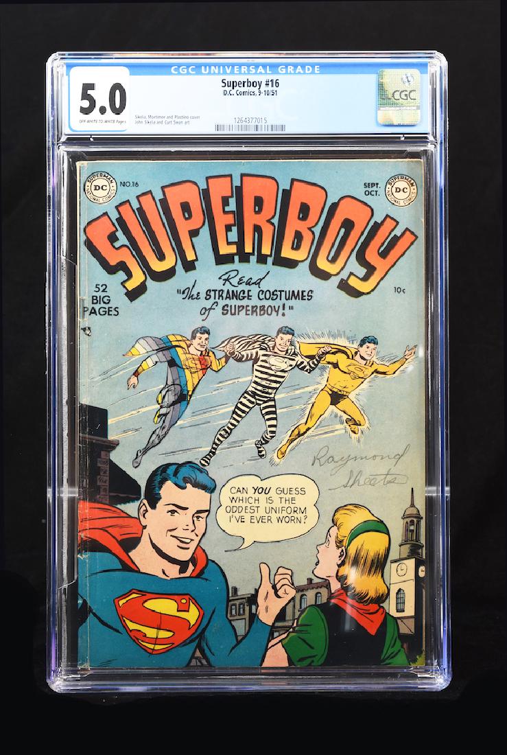 1951 Superboy #16 CGC 5.0: 66Superboy #16 Volume 1 with CGC grade of 5.0 (off white to white pages) code 1264377015. Sikela, Mortimer and Plastino cover. John Sikela and Curt Swan art. "The strange Costumes of Superboy". Contac