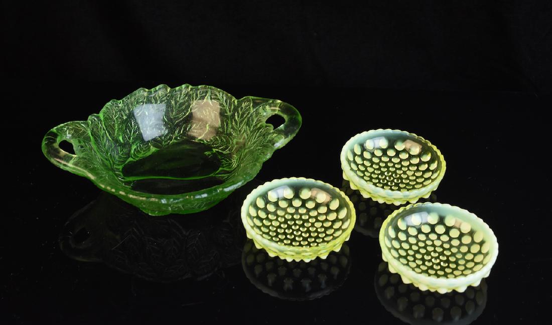 Vaseline Glass Trinket Dishes; Hobnail (1 of 4)