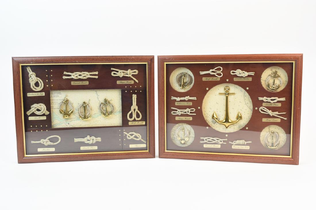 Pair of Shadow Boxes w/ Sailor Knot Variations: Two high-end nautical shadow boxes depicting samples of sailor's knots and nautical insignia. The wide array of knot variations include the Fisherman's Knot, Sheep's Hank, Carrick Bend, Heaving Line K