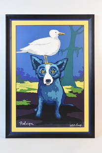 George Rodrigue Blue Dog Pop Art Artist Proof: Location: Kitchen Through his Pop and Abstract interest here artist George Rodrigue (1944-2013) shares his popular image Blue Dog based on the French-Cajun loup-garou legend. Blue dog is accompanied