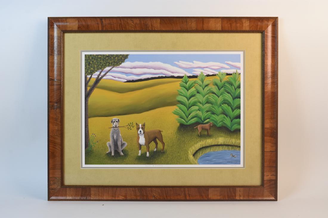 "Truth & Honesty" Giclee by Jane Troup: Location: Master Bedroom The seemingly simple life of dogs is captured in this giclee print by Jane Troup titled "Truth & Honesty". These dogs have not a care in the world except for the heavenly outd