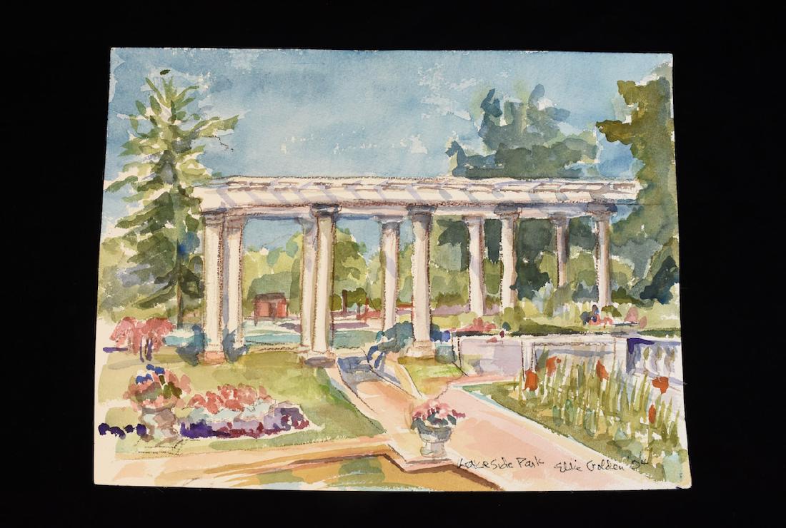 Original Watercolor by Ellie Golden; SLR: Original watercolor by American artist Ellie Golden of Lakeside Park in Fort Wayne, Indiana. This abstract painting features the familiar pavilion and surrounding grounds that make this park so popula