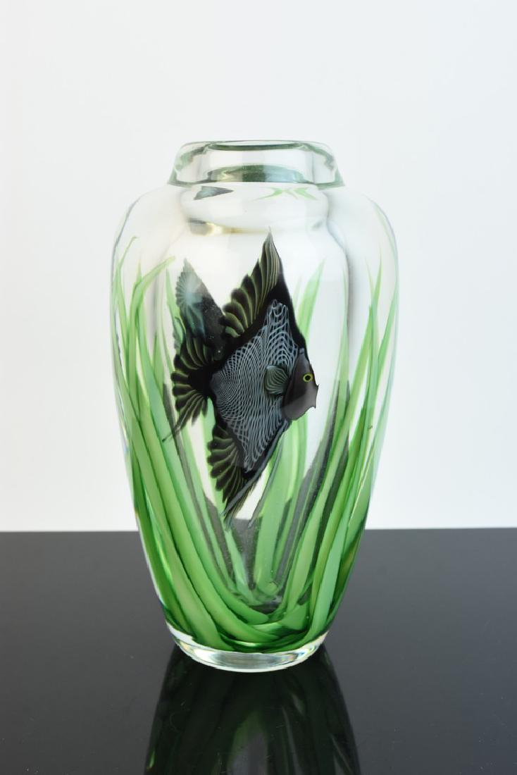 Scott Beyers Orient & Flume Art Glass Vase: Scott Beyers Orient and Flume art glass vase paperweight adorned with angel fish and grasses. This fun vase is signed, numbered and titled. It stands 7 1/2" and is in very good condition. Contact our