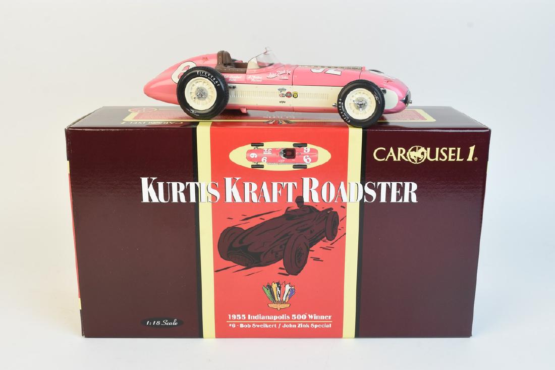 4501 Carousel 1 Kurtis Roadster #6 Bob Sweik: 4501 Carousel 1 Kurtis Kraft Roadster, 1955 Indianapolis 500 Winner, driver #6 Bob Sweikert/ John Zink Special. Pink car with white decals and in very good condition. Comes in original boes Contact ou
