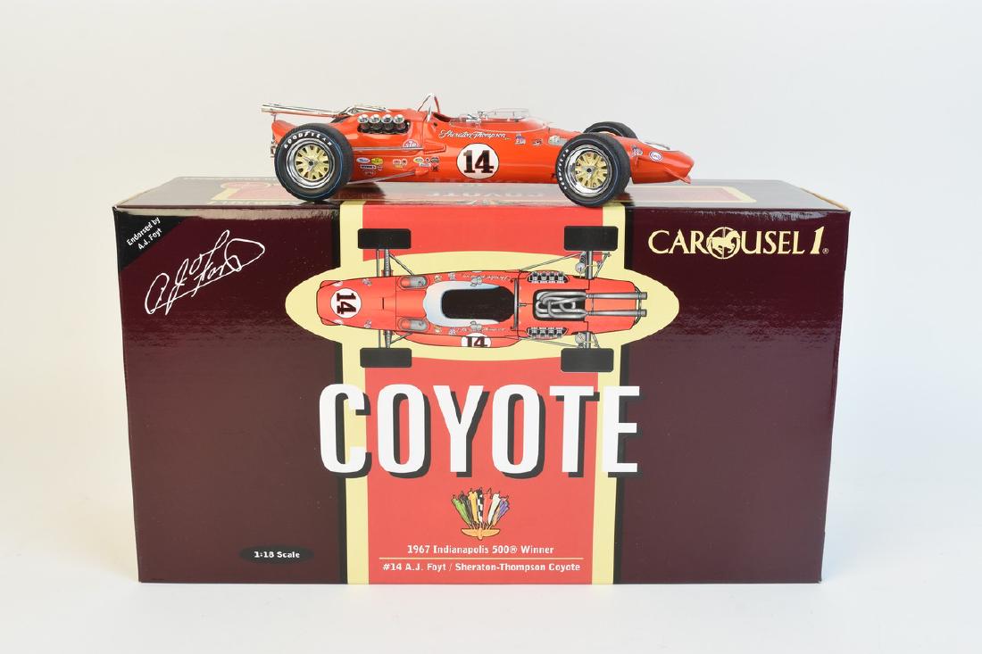 Carousel 1 Coyote #14 A.J. Foyt/ Sheraton Thompson: Carousel 1 Coyote 1967 Indianapolis 500 Winner, #14 A.J. Foyt/ Sheraton-Thompson Coyote, #4901, comes in original box w/ COA. Contact our recommended 3rd party "for profit" shipper Pak Mail at (260) 6