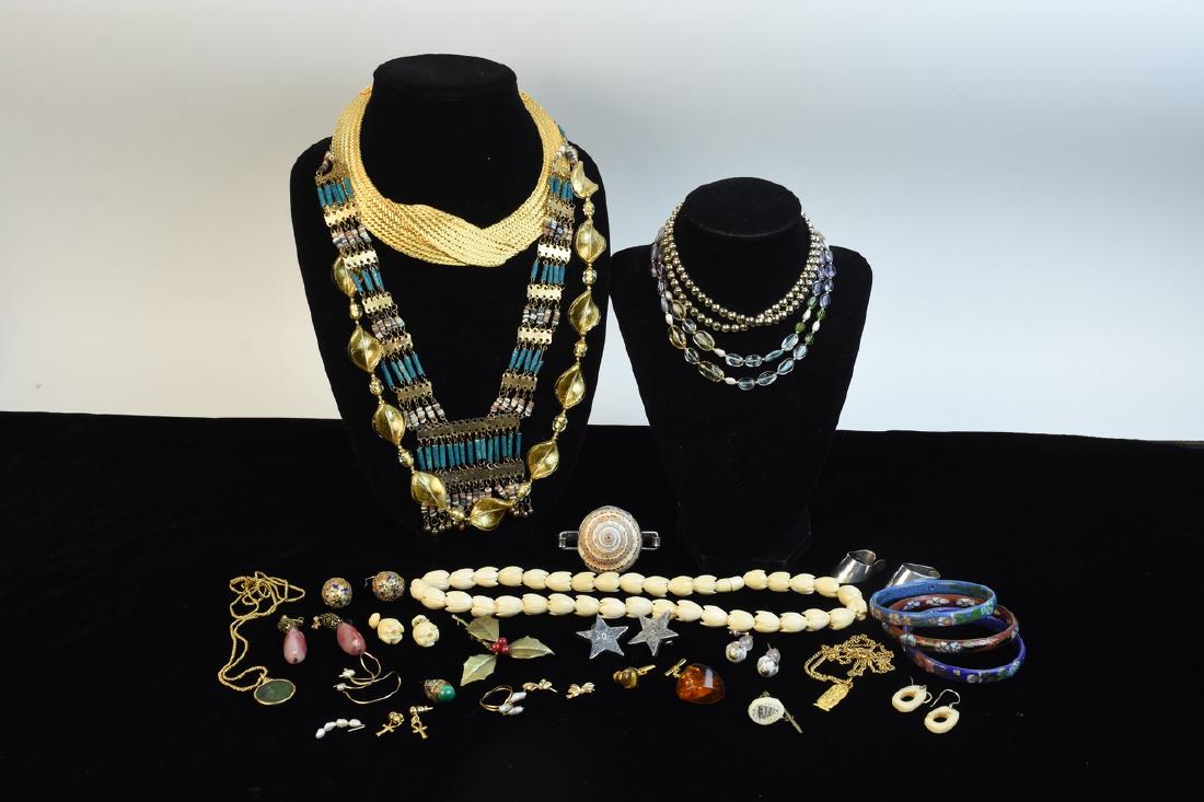 Costume Jewelry; MMA, Cloisonne +: Assortment of costume jewelry including glass beaded necklaces, cloisanne earrings and bracelets, bone carved earrings and necklaces, amber pin, sterling star earrings, quartz earrings, shell bracelet