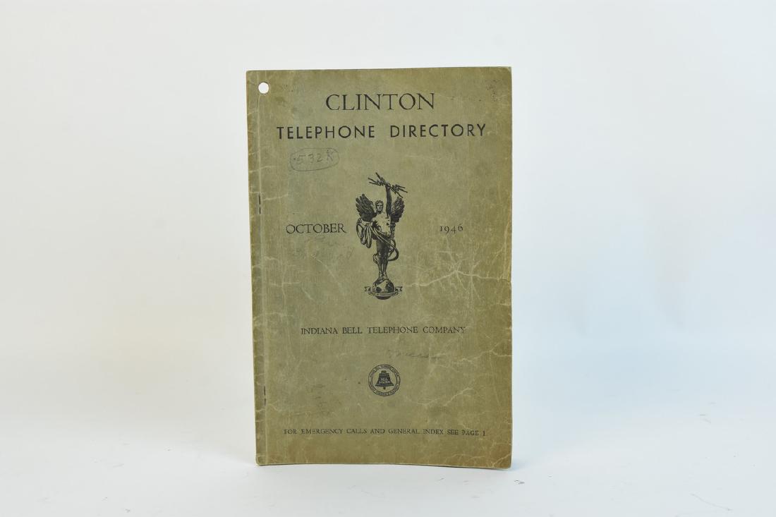 1946 Clinton Telephone Directory: From the Indiana Bell telephone company here we have a 1946 Clinton telephone directory book complete with advertisements, train rates and much more. This book measures 9 1/4" x 6". Contact our recomm